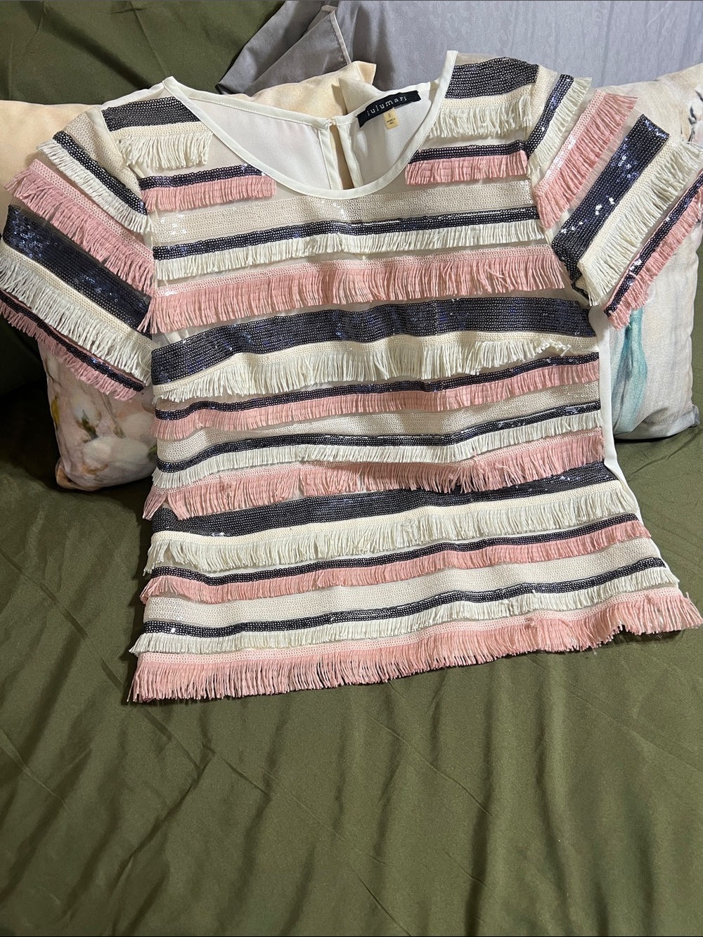 Lulumari Pink White Navy Striped Fringe Short Sleeve Top
